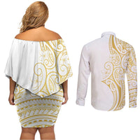 Polynesia White Sunday Couples Matching Off Shoulder Short Dress and Long Sleeve Button Shirt Plumeria Polynesian Tribal Gold Color LT14 - Polynesian Pride