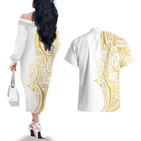 Polynesia White Sunday Couples Matching Off The Shoulder Long Sleeve Dress and Hawaiian Shirt Plumeria Polynesian Tribal Gold Color LT14 - Polynesian Pride