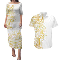 Polynesia White Sunday Couples Matching Puletasi and Hawaiian Shirt Plumeria Polynesian Tribal Gold Color LT14 White - Polynesian Pride