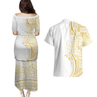 Polynesia White Sunday Couples Matching Puletasi and Hawaiian Shirt Plumeria Polynesian Tribal Gold Color LT14 - Polynesian Pride
