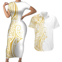 Polynesia White Sunday Couples Matching Short Sleeve Bodycon Dress and Hawaiian Shirt Plumeria Polynesian Tribal Gold Color LT14 White - Polynesian Pride