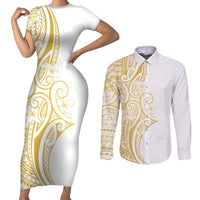 Polynesia White Sunday Couples Matching Short Sleeve Bodycon Dress and Long Sleeve Button Shirt Plumeria Polynesian Tribal Gold Color LT14 White - Polynesian Pride