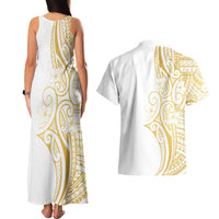 Polynesia White Sunday Couples Matching Tank Maxi Dress and Hawaiian Shirt Plumeria Polynesian Tribal Gold Color LT14 - Polynesian Pride