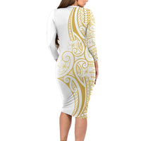 Polynesia White Sunday Family Matching Long Sleeve Bodycon Dress and Hawaiian Shirt Plumeria Polynesian Tribal Gold Color LT14 - Polynesian Pride