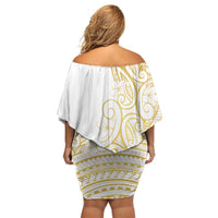 Polynesia White Sunday Family Matching Off Shoulder Short Dress and Hawaiian Shirt Plumeria Polynesian Tribal Gold Color LT14 - Polynesian Pride