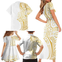 Polynesia White Sunday Family Matching Short Sleeve Bodycon Dress and Hawaiian Shirt Plumeria Polynesian Tribal Gold Color LT14 - Polynesian Pride