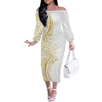 Polynesia White Sunday Off The Shoulder Long Sleeve Dress Plumeria Polynesian Tribal Gold Color LT14 Women White - Polynesian Pride