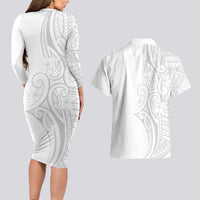 Polynesia White Sunday Couples Matching Long Sleeve Bodycon Dress and Hawaiian Shirt Plumeria Polynesian Tribal Grey Color LT14 - Polynesian Pride