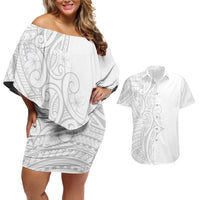 Polynesia White Sunday Couples Matching Off Shoulder Short Dress and Hawaiian Shirt Plumeria Polynesian Tribal Grey Color LT14 White - Polynesian Pride