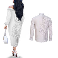 Polynesia White Sunday Couples Matching Off The Shoulder Long Sleeve Dress and Long Sleeve Button Shirt Plumeria Polynesian Tribal Grey Color LT14 - Polynesian Pride