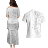 Polynesia White Sunday Couples Matching Puletasi and Hawaiian Shirt Plumeria Polynesian Tribal Grey Color LT14 - Polynesian Pride