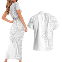 Polynesia White Sunday Couples Matching Short Sleeve Bodycon Dress and Hawaiian Shirt Plumeria Polynesian Tribal Grey Color LT14 - Polynesian Pride