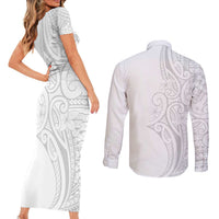 Polynesia White Sunday Couples Matching Short Sleeve Bodycon Dress and Long Sleeve Button Shirt Plumeria Polynesian Tribal Grey Color LT14 - Polynesian Pride