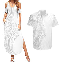 Polynesia White Sunday Couples Matching Summer Maxi Dress and Hawaiian Shirt Plumeria Polynesian Tribal Grey Color LT14 White - Polynesian Pride