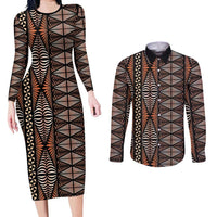 Malo e lelei Tonga Couples Matching Long Sleeve Bodycon Dress and Long Sleeve Button Shirt Tongan Ngatu Vintage Brown LT14 Brown - Polynesian Pride