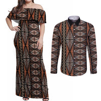 Malo e lelei Tonga Couples Matching Off Shoulder Maxi Dress and Long Sleeve Button Shirt Tongan Ngatu Vintage Brown LT14 Brown - Polynesian Pride
