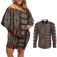 Malo e lelei Tonga Couples Matching Off Shoulder Short Dress and Long Sleeve Button Shirt Tongan Ngatu Vintage Brown LT14 Brown - Polynesian Pride