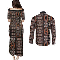 Malo e lelei Tonga Couples Matching Puletasi and Long Sleeve Button Shirt Tongan Ngatu Vintage Brown - Polynesian Pride