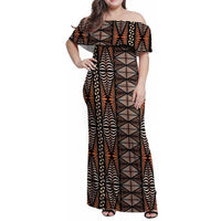 Malo e lelei Tonga Family Matching Off Shoulder Maxi Dress and Hawaiian Shirt Tongan Ngatu Vintage Brown LT14 Mom's Dress Brown - Polynesian Pride