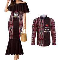 Tonga Rugby Personalised Couples Matching Mermaid Dress and Long Sleeve Button Shirt 2025 Mate Maa Tonga Ngatu Motif LT14 Red - Polynesian Pride