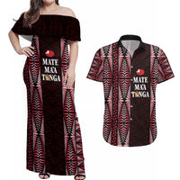 Tonga Rugby Personalised Couples Matching Off Shoulder Maxi Dress and Hawaiian Shirt 2025 Mate Maa Tonga Ngatu Motif LT14 Red - Polynesian Pride