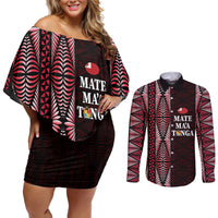 Tonga Rugby Personalised Couples Matching Off Shoulder Short Dress and Long Sleeve Button Shirt 2025 Mate Maa Tonga Ngatu Motif LT14 Red - Polynesian Pride