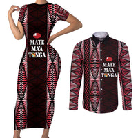 Tonga Rugby Personalised Couples Matching Short Sleeve Bodycon Dress and Long Sleeve Button Shirt 2025 Mate Maa Tonga Ngatu Motif LT14 Red - Polynesian Pride