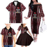 Tonga Rugby Personalised Family Matching Off The Shoulder Long Sleeve Dress and Hawaiian Shirt 2025 Mate Maa Tonga Ngatu Motif LT14 - Polynesian Pride