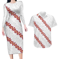 White Sunday Tonga Fakame Couples Matching Long Sleeve Bodycon Dress and Hawaiian Shirt Tongan Ngatu Heilala Lei LT14 White - Polynesian Pride