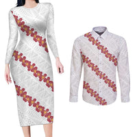 White Sunday Tonga Fakame Couples Matching Long Sleeve Bodycon Dress and Long Sleeve Button Shirt Tongan Ngatu Heilala Lei LT14 White - Polynesian Pride