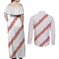 White Sunday Tonga Fakame Couples Matching Off Shoulder Maxi Dress and Long Sleeve Button Shirt Tongan Ngatu Heilala Lei LT14 - Polynesian Pride