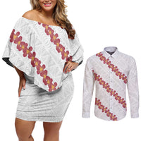 White Sunday Tonga Fakame Couples Matching Off Shoulder Short Dress and Long Sleeve Button Shirt Tongan Ngatu Heilala Lei LT14 White - Polynesian Pride