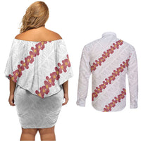 White Sunday Tonga Fakame Couples Matching Off Shoulder Short Dress and Long Sleeve Button Shirt Tongan Ngatu Heilala Lei LT14 - Polynesian Pride