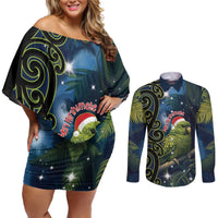 New Zealand Christmas Couples Matching Off Shoulder Short Dress and Long Sleeve Button Shirt Cute Kakapo Meri Kirihimete Maori Koru LT14 Blue - Polynesian Pride