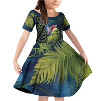 New Zealand Christmas Family Matching Off Shoulder Short Dress and Hawaiian Shirt Cute Kakapo Meri Kirihimete Maori Koru LT14 Daughter's Dress Blue - Polynesian Pride