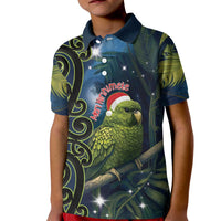 New Zealand Christmas Kid Polo Shirt Cute Kakapo Meri Kirihimete Maori Koru LT14 Kid Blue - Polynesian Pride