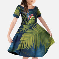 New Zealand Christmas Kid Short Sleeve Dress Cute Kakapo Meri Kirihimete Maori Koru LT14 KID Blue - Polynesian Pride