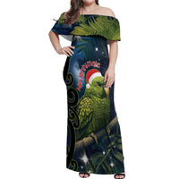 New Zealand Christmas Off Shoulder Maxi Dress Cute Kakapo Meri Kirihimete Maori Koru LT14 Women Blue - Polynesian Pride