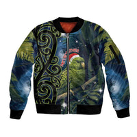 New Zealand Christmas Sleeve Zip Bomber Jacket Cute Kakapo Meri Kirihimete Maori Koru LT14 Unisex Blue - Polynesian Pride