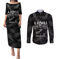New Zealand Silver Fern Rugby Couples Matching Puletasi Dress and Long Sleeve Button Shirt Aotearoa Godfather Proud Gone But Never Forgotten LT14 Black - Polynesian Pride