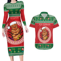 Personalized Hawaii Christmas Couples Matching Long Sleeve Bodycon Dress and Hawaiian Shirt Tiki Santa Mele Kalikimaka LT14 Red - Polynesian Pride