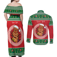 Personalized Hawaii Christmas Couples Matching Off Shoulder Maxi Dress and Long Sleeve Button Shirt Tiki Santa Mele Kalikimaka LT14 - Polynesian Pride