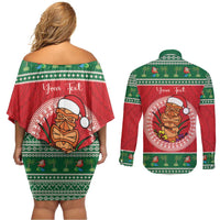 Personalized Hawaii Christmas Couples Matching Off Shoulder Short Dress and Long Sleeve Button Shirt Tiki Santa Mele Kalikimaka LT14 - Polynesian Pride