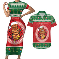 Personalized Hawaii Christmas Couples Matching Short Sleeve Bodycon Dress and Hawaiian Shirt Tiki Santa Mele Kalikimaka LT14 Red - Polynesian Pride