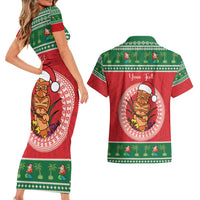 Personalized Hawaii Christmas Couples Matching Short Sleeve Bodycon Dress and Hawaiian Shirt Tiki Santa Mele Kalikimaka LT14 - Polynesian Pride