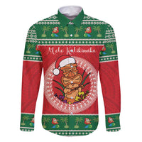 Personalized Hawaii Christmas Family Matching Off Shoulder Maxi Dress and Hawaiian Shirt Tiki Santa Mele Kalikimaka LT14 Dad's Shirt - Long Sleeve Red - Polynesian Pride