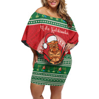 Personalized Hawaii Christmas Family Matching Off Shoulder Short Dress and Hawaiian Shirt Tiki Santa Mele Kalikimaka LT14 Mom's Dress Red - Polynesian Pride