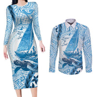New Zealand Sailing Couples Matching Long Sleeve Bodycon Dress and Long Sleeve Button Shirt Aotearoa Yacht Racing - Born To Sail LT14 Blue - Polynesian Pride