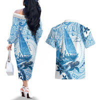 New Zealand Sailing Couples Matching Off The Shoulder Long Sleeve Dress and Hawaiian Shirt Aotearoa Yacht Racing - Born To Sail LT14 - Polynesian Pride