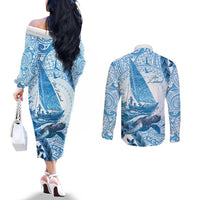 New Zealand Sailing Couples Matching Off The Shoulder Long Sleeve Dress and Long Sleeve Button Shirt Aotearoa Yacht Racing - Born To Sail LT14 - Polynesian Pride